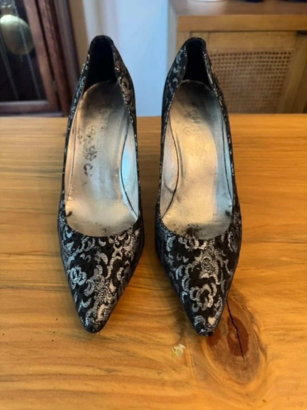 Chanel Brocade Fabric Pointed Toe Pumps Black Silver Metallic Heels